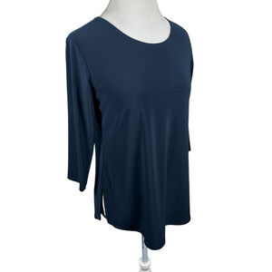 Sympli Blue Jersey Slinky Knit Top 3/4 Sleeves A-Line Travel Chic Womens size S
